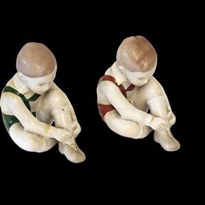 Hungarian Budapest Aquincum  Two Boys  sitting tying  their shoe laces 4 1/2 inc